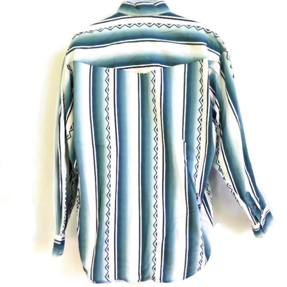 Roper Rodeo Blue Shirt Western Button Down Texas Aztec Peaked Yoke Flap XL Turq - Picture 6 of 8